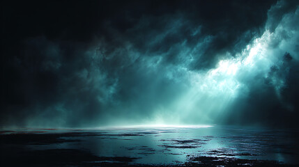 Naklejka premium Moody landscape with dramatic clouds and light beams reflecting on water mysterious dark abstract background atmospheric and dreamy ambience