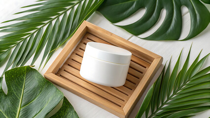 White jar on a wooden tray surrounded by green tropical leaves on a white surface in soft lighting - ai generated