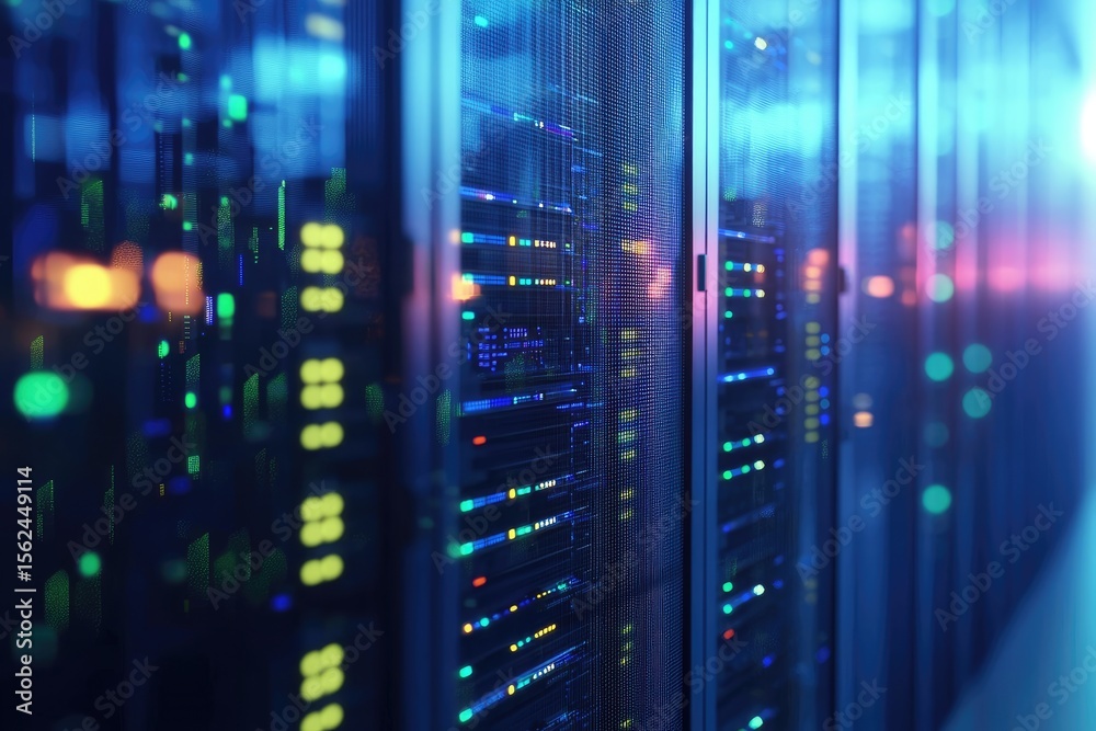 Poster high tech data center server racks glowing with blue and green lights in soft focus corridor, perfec