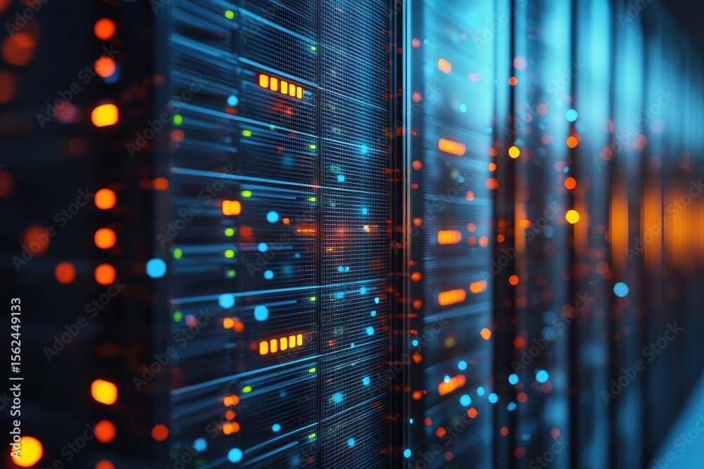 Poster colorful illuminated server racks with glowing lights and reflections in modern data center, perfect