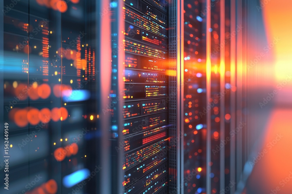 Poster Glowing server racks in a sunlit futuristic data center corridor, ideal for cloud services, cybersecurity, networking infrastructure, and modern digital technology concepts