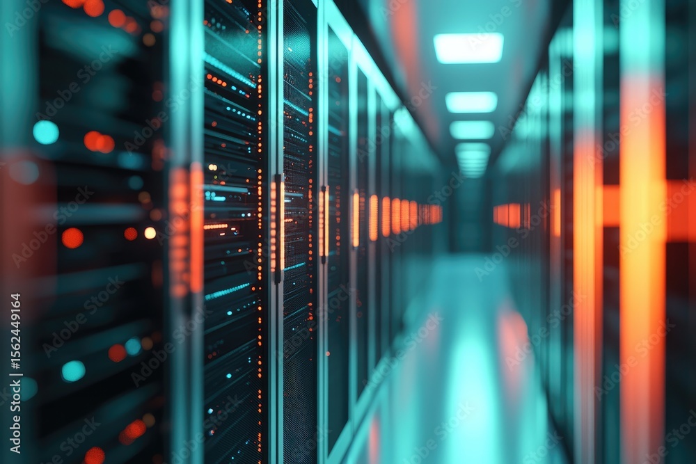 Poster futuristic glowing data center server rack corridor with vibrant lights and reflections, ideal for t