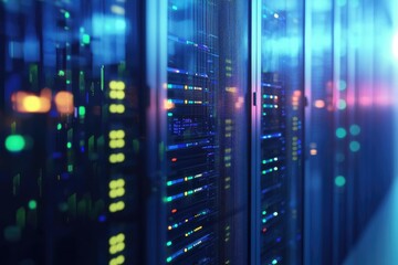 High tech data center server racks glowing with blue and green lights in soft focus corridor, perfect for cloud technology, network solutions, and digital infrastructure themes