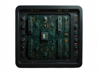 A close up shot of a dark green circuit board with buttons and lights