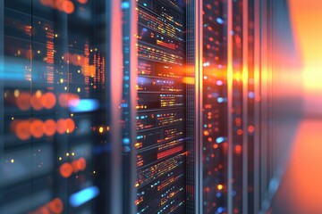 Glowing server racks in a sunlit futuristic data center corridor, ideal for cloud services, cybersecurity, networking infrastructure, and modern digital technology concepts