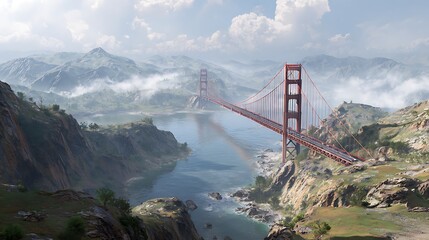 An iconic red suspension bridge spanning a foggy bay surrounded by rugged cliffs and hills 