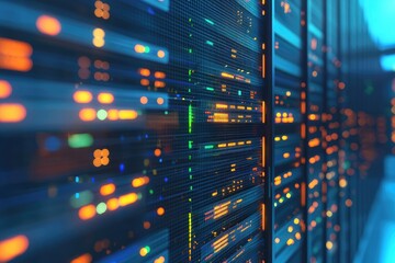 Close up of glowing server rack with high speed data flow in a futuristic data center, perfect for illustrating cloud technology, AI systems, and digital infrastructure concepts