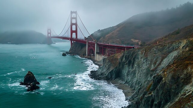 An iconic red suspension bridge spanning a foggy bay surrounded by rugged cliffs and hills 