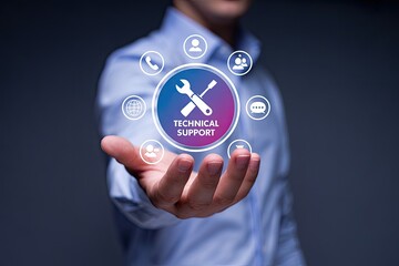 Man holding a digital interface with icons representing technical support services and communication channels