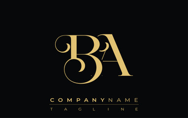 BA Abstract Creative Jewelry Logo. A stylish logo featuring golden monogram initials in an elegant and modern typography, perfect for branding