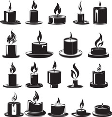 Minimalist Collection of Black and White Candle Icon Silhouettes in Simple Flat Design Style for Religious Spa Celebration and Home Decor Vector Illustration Use