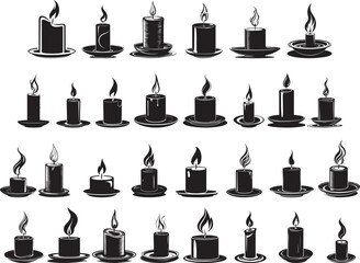 Vector Illustration of Burning Wax Candle Icons with Glowing Flames in Black and White Silhouette Style Featuring Monochrome Candlelight Graphics for Spiritual and Decorative Design Use