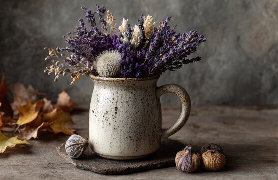Dried lavender flowers and figs displayed on rustic wooden table