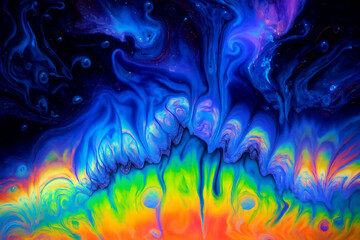 Fototapeta premium Vibrant fluid art with rainbow colors and cosmic swirls — perfect for abstract design backgrounds, tech branding, and creative digital projects, presentation and creative slide, packaging and branding
