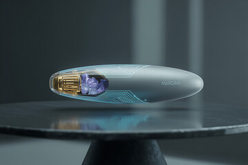 Sleek futuristic device with internal crystals and circuitry isolated on a transparent background