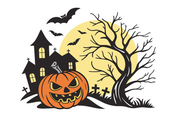 halloween haunted house pumpkin bats moon spooky tree graveyard night