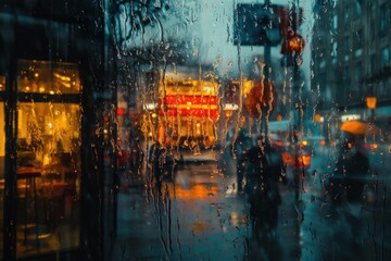 Raindrops cascade down a glass window in a bustling city during a dark, rainy evening, The raindrops flowing on glass windows in rainy weather 2