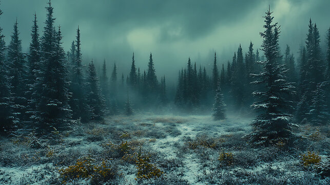 Moody winter landscape with foggy forest evergreen trees and yellow brush plants a serene scene