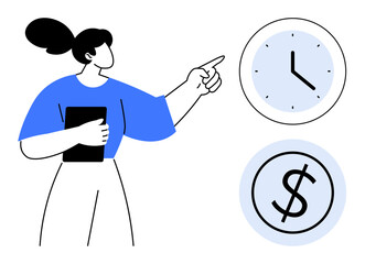 Woman with tablet pointing toward a clock and dollar sign, emphasizing time management and cost efficiency. Ideal for productivity, planning, finance, strategy, deadlines, career success. Simple
