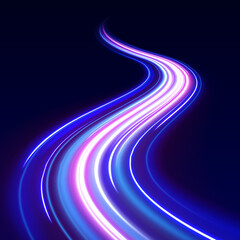 Particle motion light effect. Abstract fire flare trace lens flares. Long exposure of motorways as speed. Luminous sparkling lines, glowing violet speed rays.	