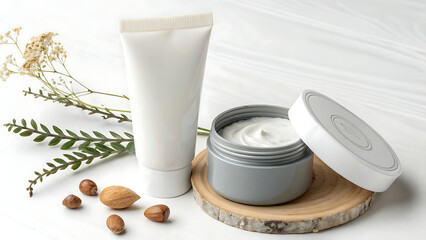 Still life of skincare products with tube jar and nuts on a wooden slice and white background - ai generated