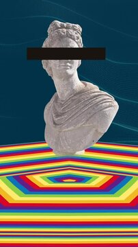 Animation of statue over moving coloured hexagonal surface with blue background