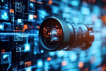Media icons overlay a camera lens scanning digital data in a modern technology setting, media icons over scope scanning