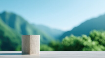 Fototapeta premium tall empty podium with natural wood surface set against green mountain backdrop in outdoor setting