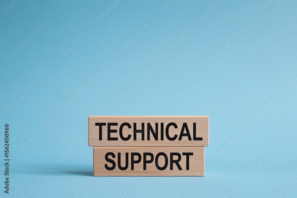 Fototapete two wooden blocks stacked with the words technical support printed in black text against a solid blu