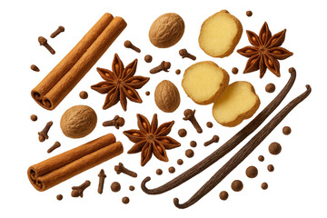 Assortment of aromatic spices isolated on transparent background, festive mix