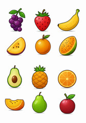 Colorful Cartoon Fruit Icons Collection Vector Illustration Set