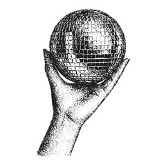 Hand holding disco ball with vintage stippled photocopy texture. Vintage New Year's Eve disco party retro graphic collage element. Vector illustration