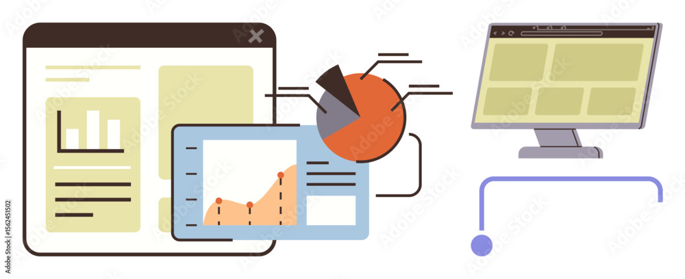Wall mural analytical charts, pie graph, and line graph within digital dashboard interfaces. ideal for business