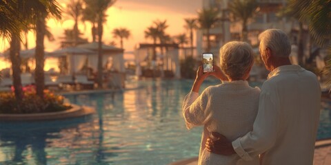 Mature Couple Captures a Sunset Moment by a Luxurious Resort Pool, Embracing Vacation Bliss and Technology