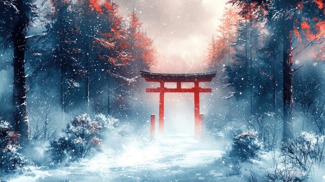 Snowy winter forest with a traditional Japanese torii gate.