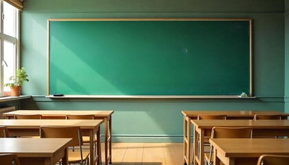 School classroom with green chalkboard, wooden desk, and chair on wooden floor, white wall background. Concept of education and learning, created with generative ai