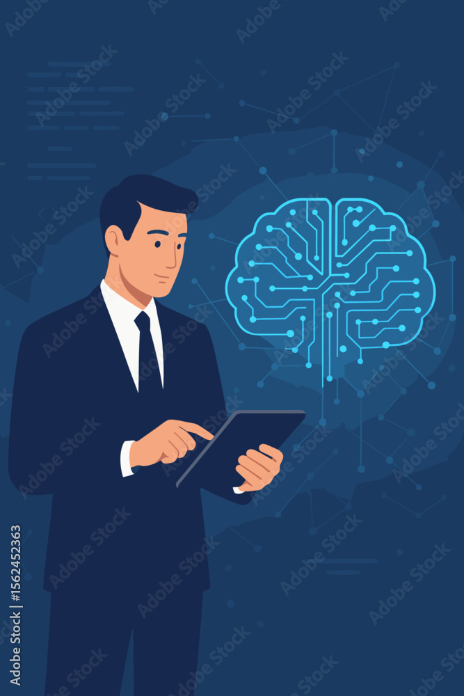 Poster ai and machine learning concept. businessman with tablet working with a digital brain. artificial in