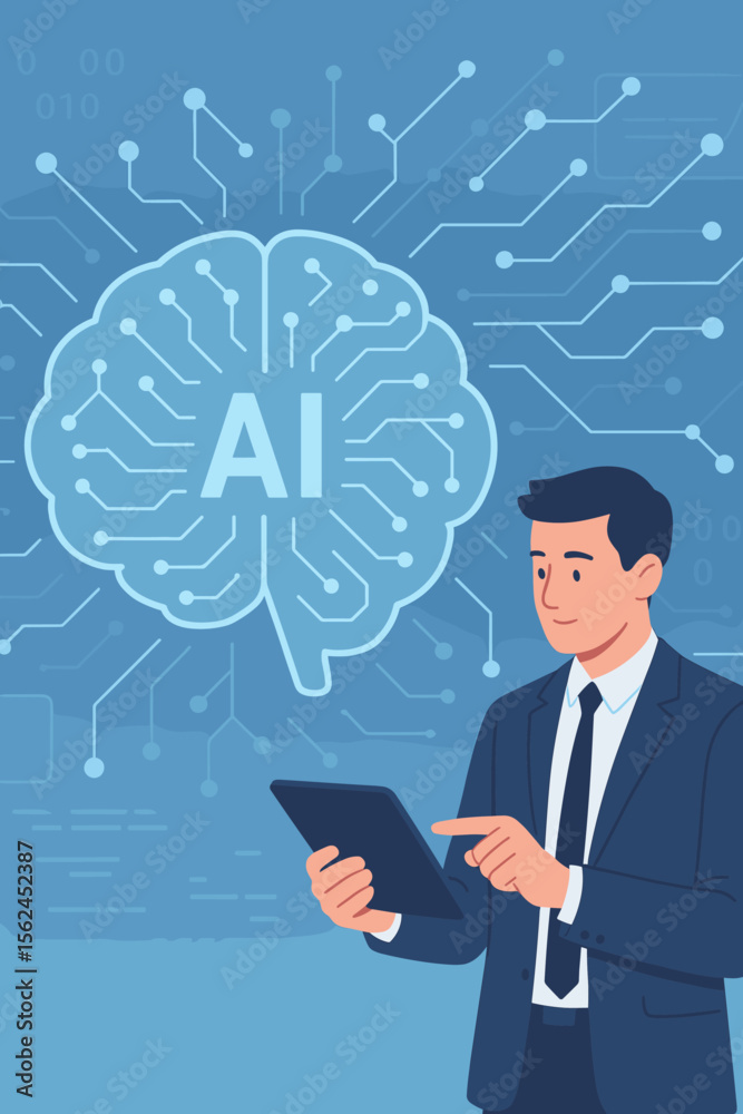 Poster businessman using tablet interacts with ai digital brain. artificial intelligence concept. machine l