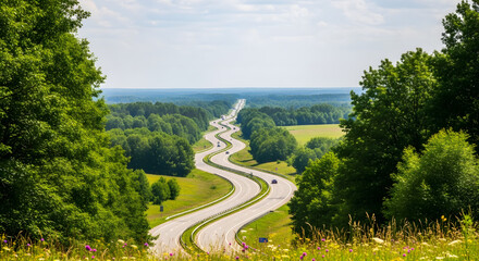 Naklejka premium A winding road stretches through a lush green landscape with trees and fields under a cloudy sky.