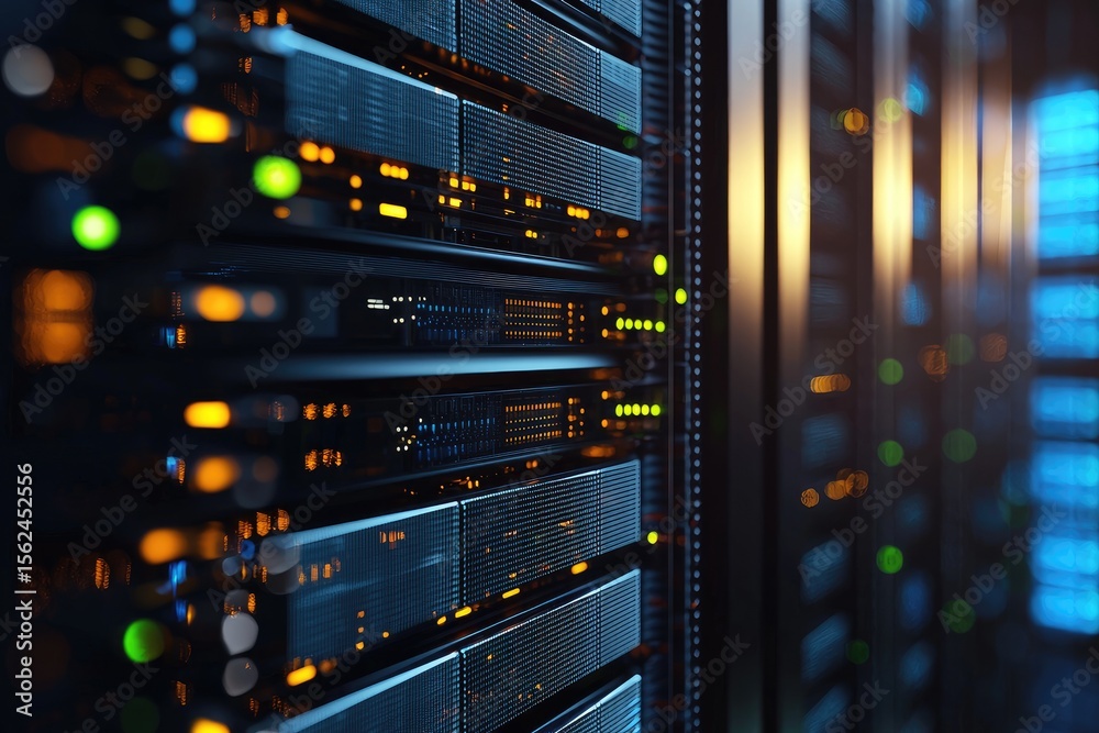 Poster Close up of glowing server rack in high tech data center with colorful LED lights, ideal for technology websites, cybersecurity blogs, and cloud infrastructure presentations