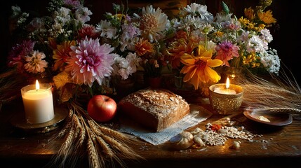 A Wiccan altar for the Lammas/Lughnasadh holiday. It celebrates the summer harvest with wheat, bread, flowers, an apple, a candle, and other symbols.
