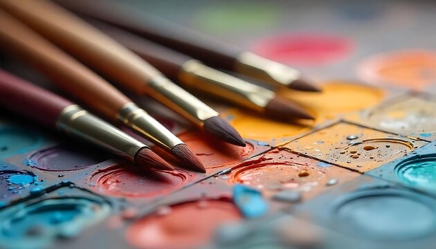 Vibrant artist palette with paint tubes and brushes ready for creative painting project oil tools, Artist's brushes on paint palette mockup, e-commerce, product advetisment, created with generative ai