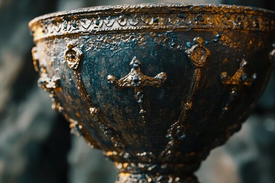Close-up view of ancient holy grail with ornate details and rich textures in a cinematic setting, Close up of ancient looking holy grail cinematic