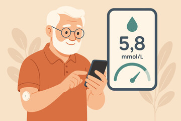 Senior man using smartphone app to monitor blood glucose level, diabetes management, continuous glucose monitor sensor, elderly health care technology, flat vector illustration