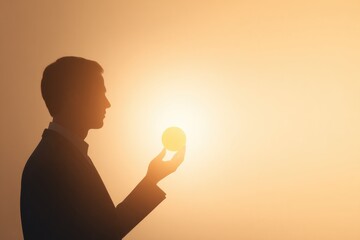businessman silhouette holding glowing coin suggesting dividends against warm gradient background