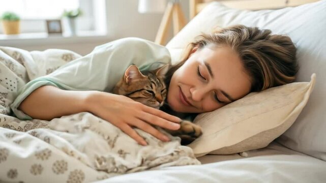 Woman sleeping with cat in bed cozy morning nap time feline friend pet owner relaxation comfort slumber dream
