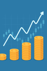 Financial growth chart with rising stacks of gold coins, upward arrow, stock market candlestick graph, investment profit, business success, currency exchange, wealth increase, blue background