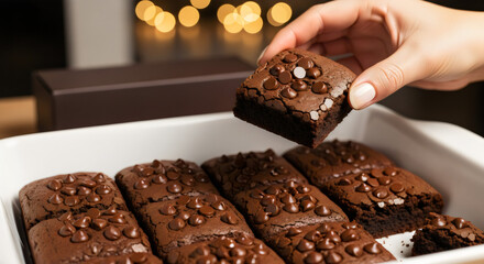 Hand taking a homemade chocolate chip brownie from a baking dish