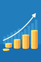 Stacked gold coins with upward arrow and bar graph, financial growth, investment profit, business success, stock market increase, currency wealth, economic progress, blue background illustration