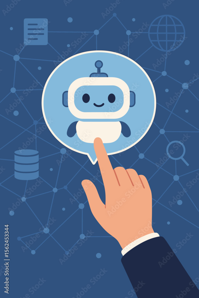 Poster hand touching digital chatbot icon for accessing information and data in online network, artificial 